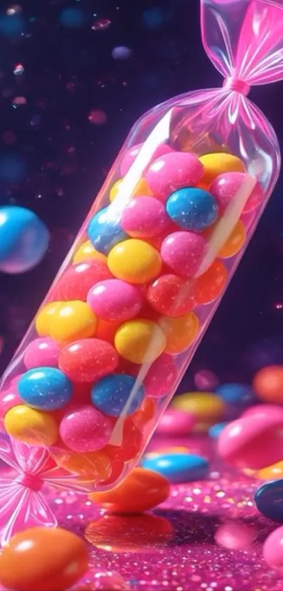 Colorful candies with pink background