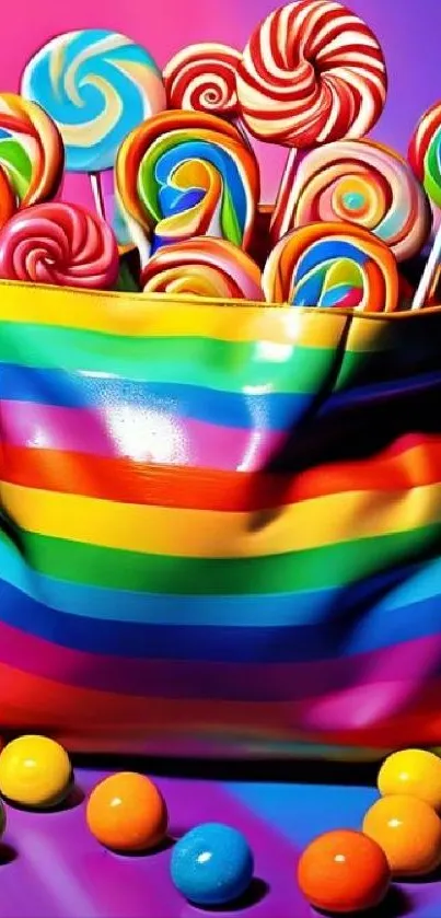 Vibrant wallpaper with colorful lollipops in a rainbow-themed bag.