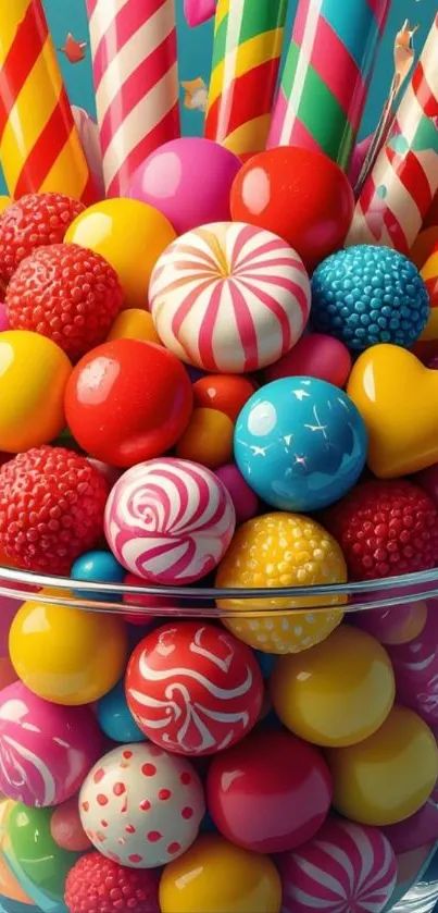 Vibrant candy-themed mobile wallpaper with colorful sweets in a glass jar.