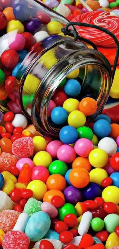 Multicolored candy spilling from a glass jar with vibrant hues.