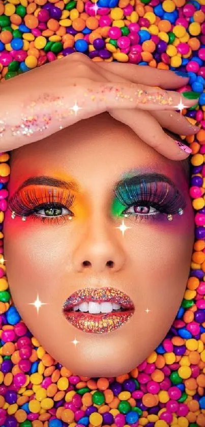 Colorful face art surrounded by vibrant candy.