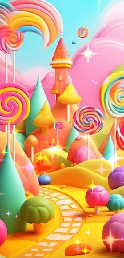 Bright candy landscape with lollipops and clouds.