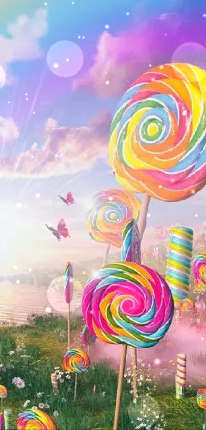 Colorful fantasy wallpaper with lollipops and a pastel rainbow sky.