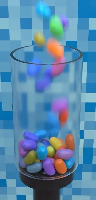 Colorful jellybeans in a glass with blue pixelated background.