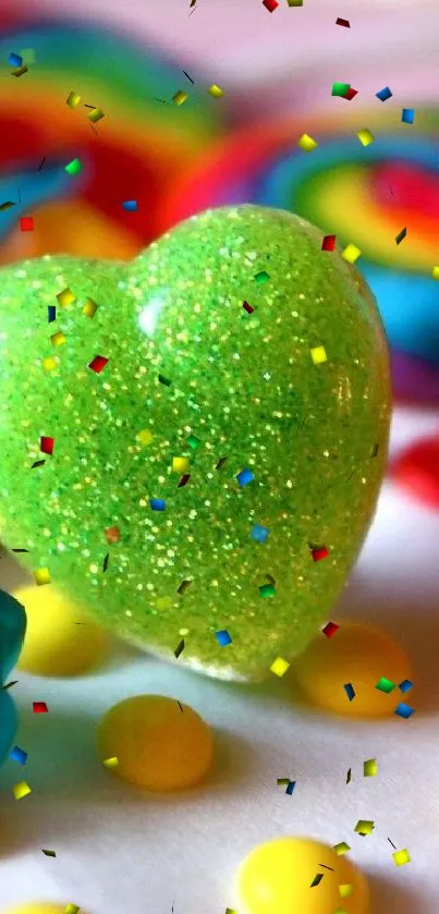 Sparkling green candy heart with colorful background.