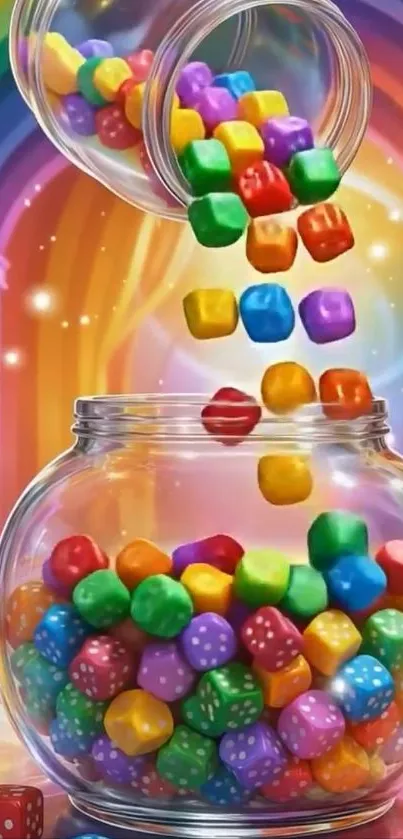 Vibrant candy jar with rainbow colors spilling out.