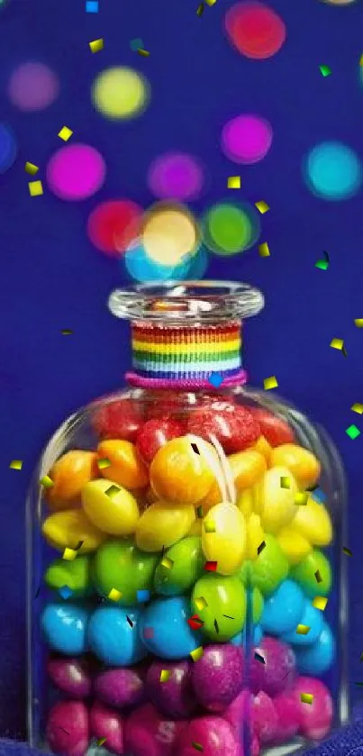 Colorful candy jar with vibrant background and bokeh.