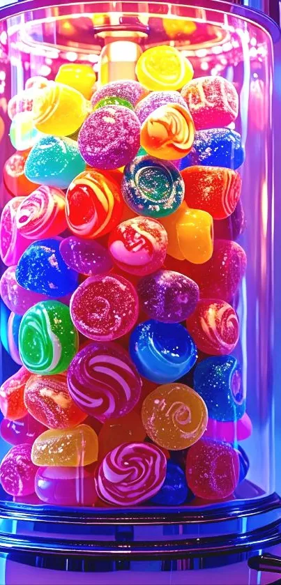 Vibrant jar filled with colorful candies and glowing lights.