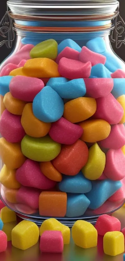 Vibrant jar filled with colorful candies.