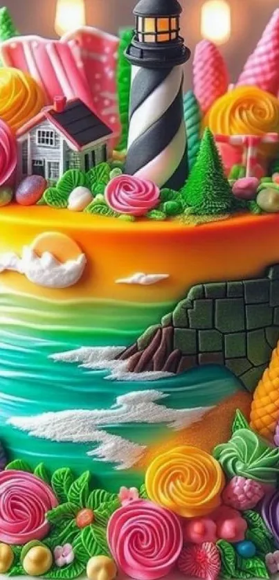 A colorful candy landscape with a lighthouse in a fantasy setting.