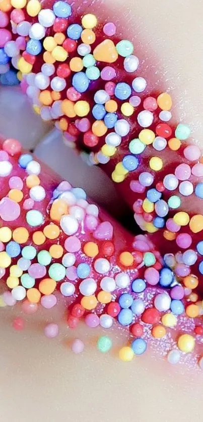 Vibrant lips covered with colorful sprinkles.