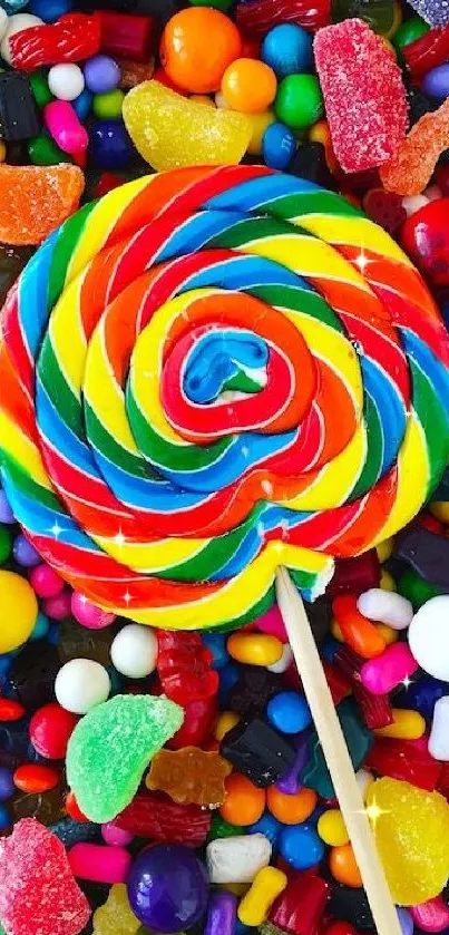 Vibrant rainbow lollipop on colorful candy background.