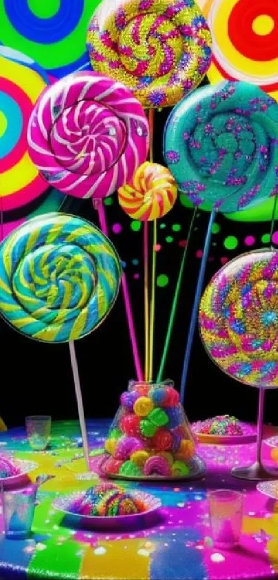 Colorful lollipops and candy on a vivid, vibrant background.