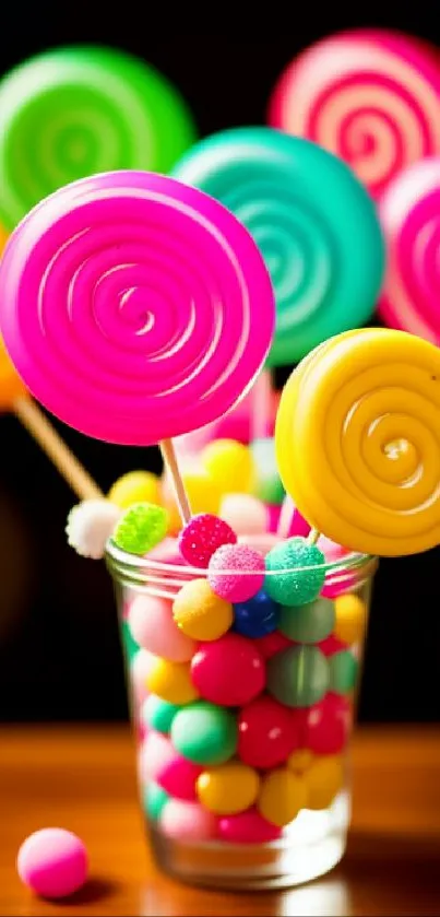 Vibrant lollipop and candy mobile wallpaper with colorful swirls.