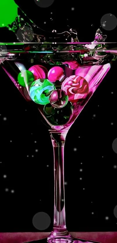 A vibrant martini glass filled with colorful candies against a dark background.