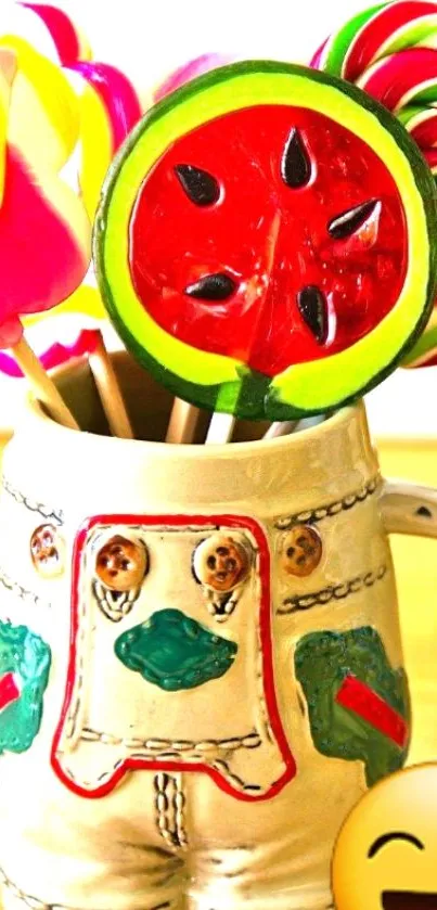 Colorful lollipops in a ceramic mug with vibrant red accents.