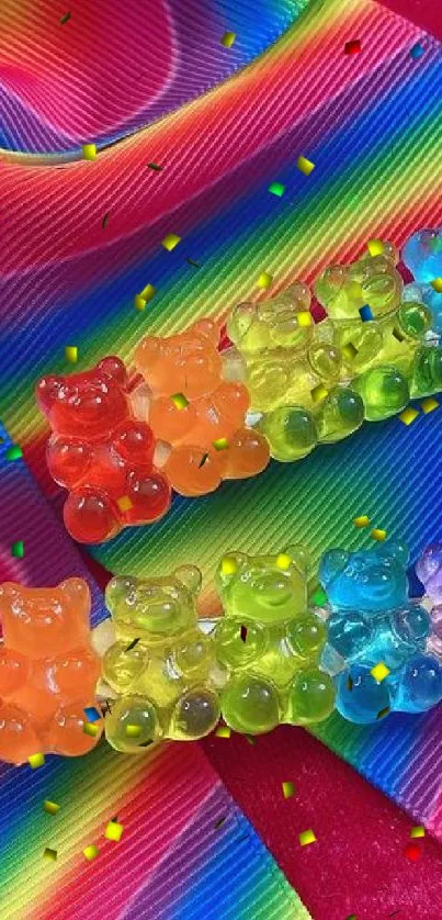 Colorful gummy bears on rainbow ribbon background.