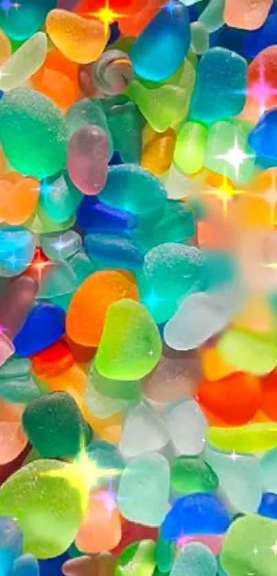 Colorful sea glass pieces forming a vibrant, candy-like wallpaper pattern.