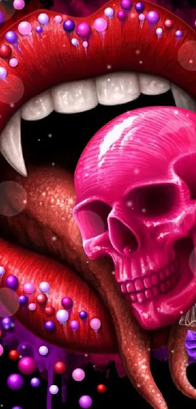 Vibrant candy skull with red lips and fangs on a mobile wallpaper.