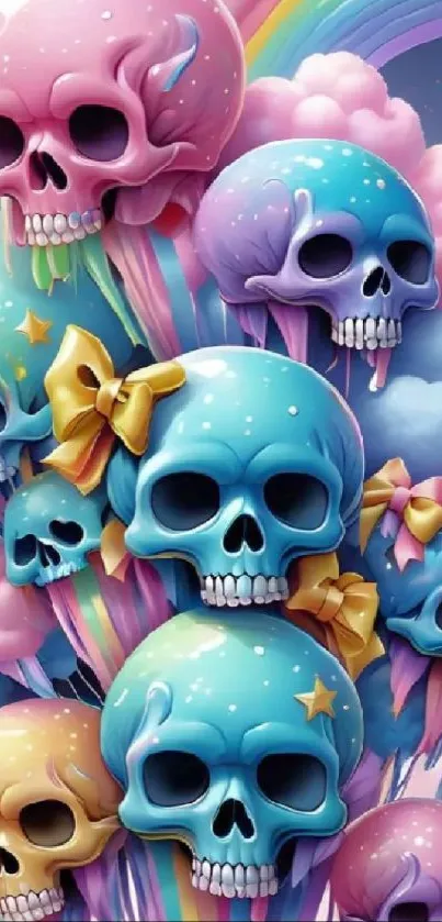 Colorful candy skulls with rainbows and clouds, vibrant phone wallpaper.