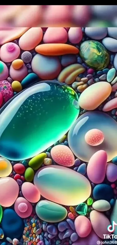 A vibrant mobile wallpaper featuring colorful candy-like stones.