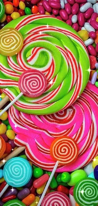 Colorful candy and lollipops mobile wallpaper.