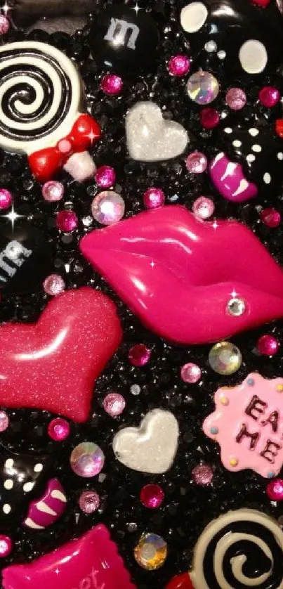 Candy-themed phone case with pink, black, and white design.