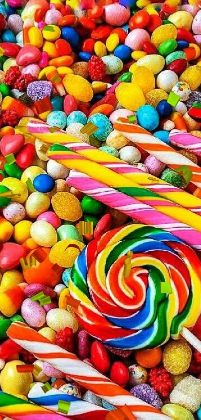 Vibrant candy wallpaper with colorful candies and lollipops.