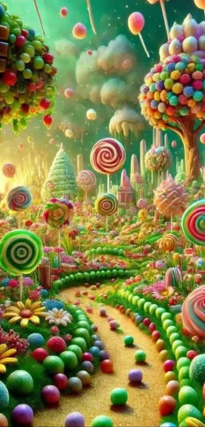 Candy-filled fantasy landscape with lollipop trees under a vibrant sky.