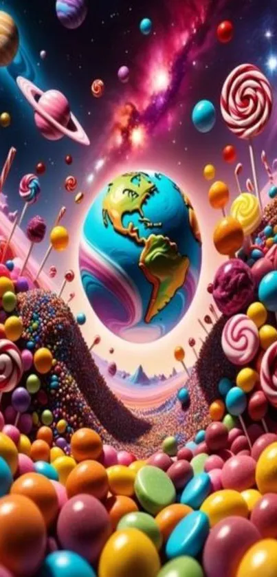 Candy-filled fantasy wallpaper with vibrant planets and galactic swirls.