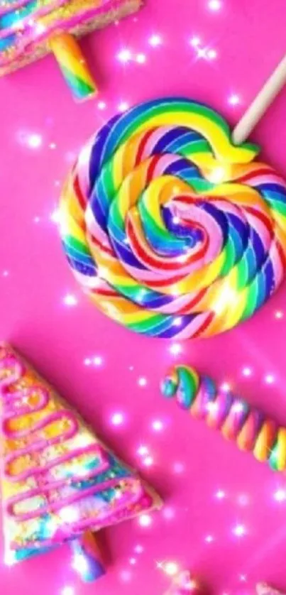 Colorful candyland wallpaper with lollipops on pink background.