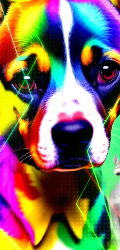 Vibrant and colorful dog-themed mobile wallpaper with an artistic style.