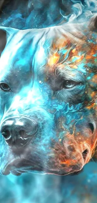 Vibrant digital artwork of a dog's face with blue and orange colors.