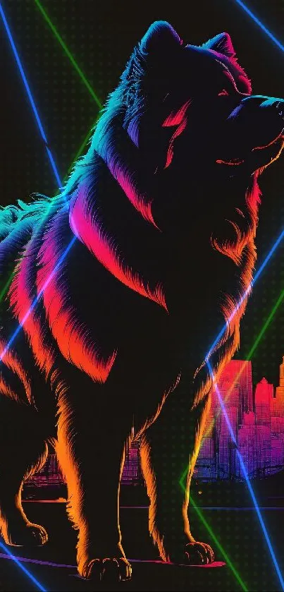 Neon dog standing against a colorful city skyline.