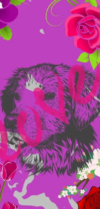 Sketch of a puppy with vibrant flowers on a purple background.