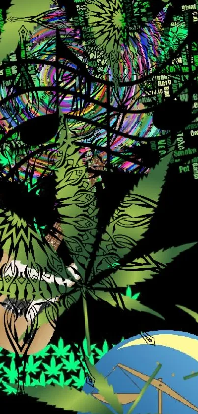 Vibrant cannabis leaf art on black background with colorful details.