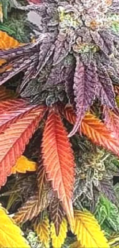 Colorful cannabis leaf wallpaper with orange, purple, and yellow hues.