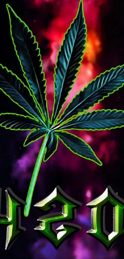 Vibrant cannabis leaf with 420 on cosmic background.