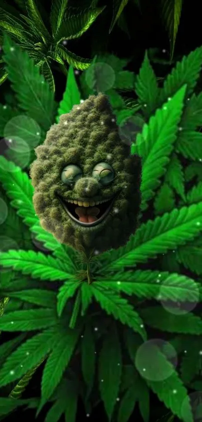 Vibrant green cannabis leaf with a playful face design.