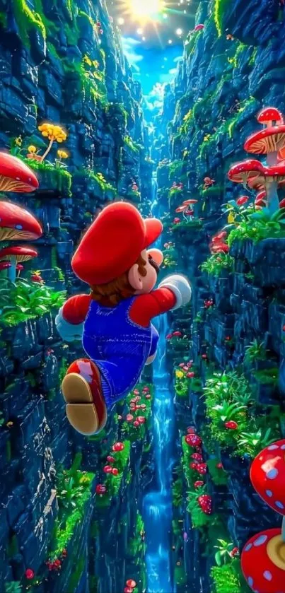 Vibrant canyon with oversized mushrooms and a video game character adventure.