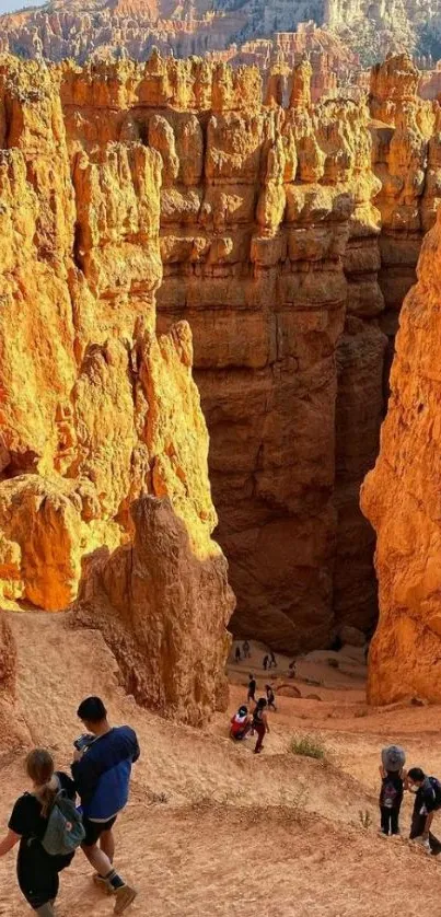 Vibrant orange canyon with hikers exploring the landscape.