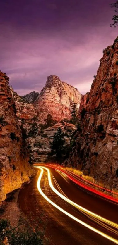 Vibrant canyon with light trails under a purple night sky.