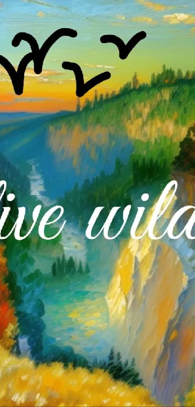 Vibrant canyon landscape with birds in artistic style.
