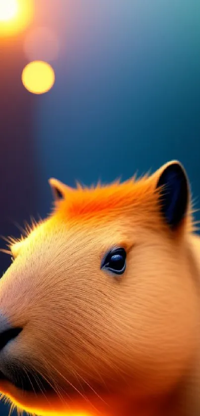 Vibrant capybara with bokeh light effect on mobile wallpaper.