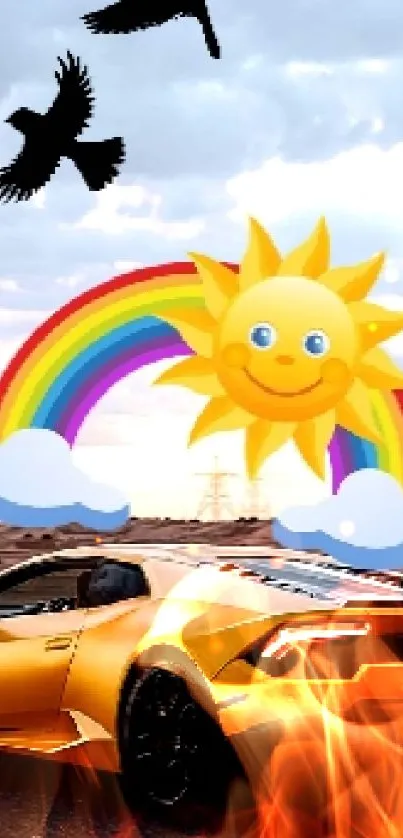 Orange car with rainbow and sun in vibrant scene.