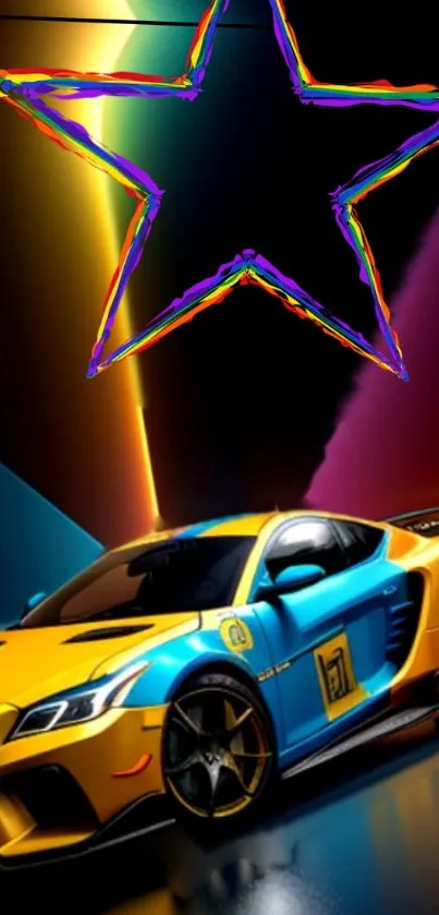 Vibrant sports car with neon star on mobile wallpaper.