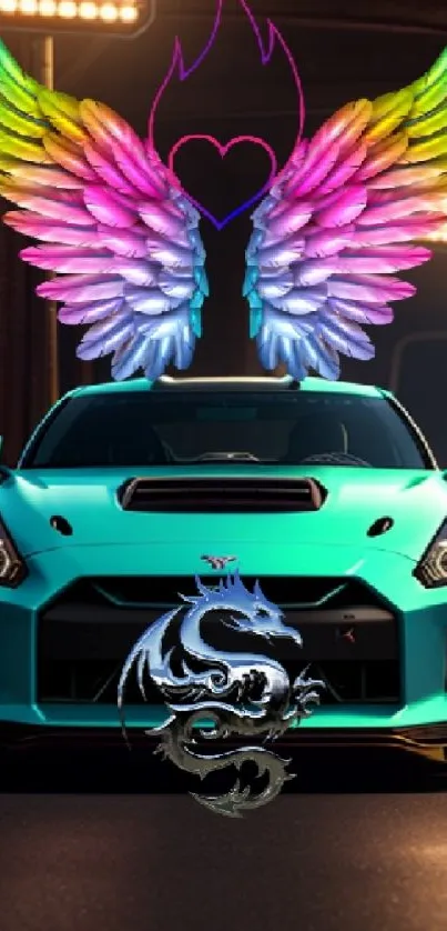 Teal sports car with colorful wings and dragon decal.