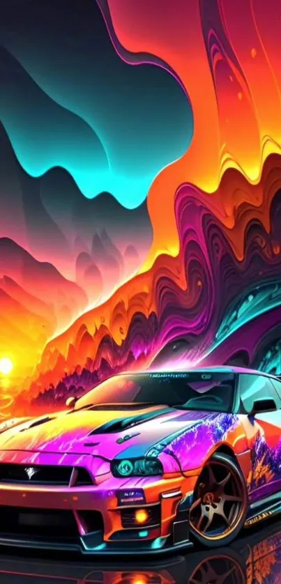Futuristic car with vibrant abstract sunset background.