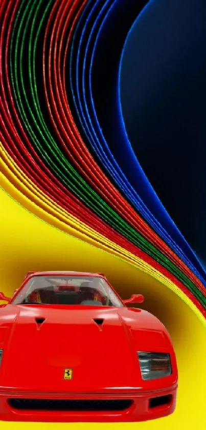 Red sports car on colorful abstract background.