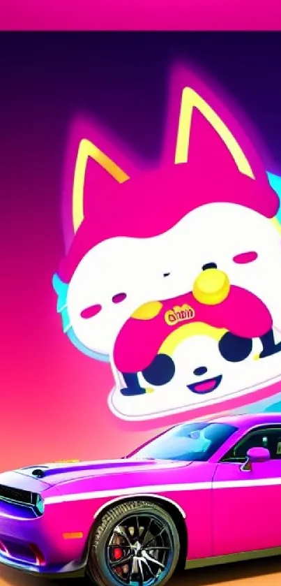Vibrant wallpaper with a hot pink car and cartoon character.